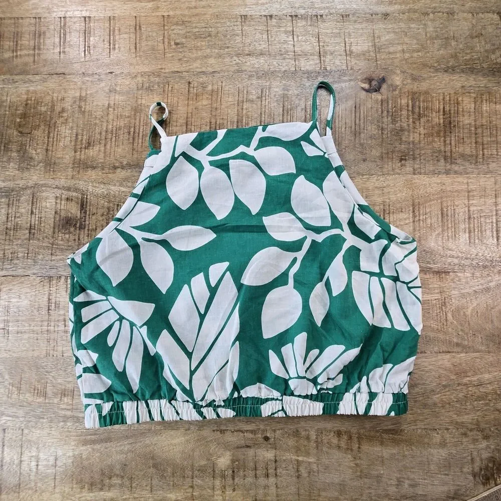 Nicole Miller Artelier Linen Crop Tank Top L Green White Leaf Print Women’s - Picture 6 of 11